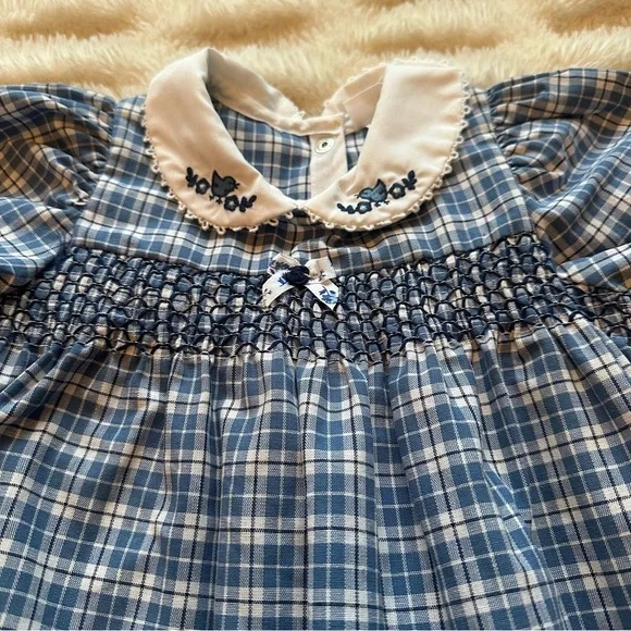 Vintage Carter’s Baby Girl Collar Blue Plaid Smocked Classic Romper 12-18m - Picture 3 of 11